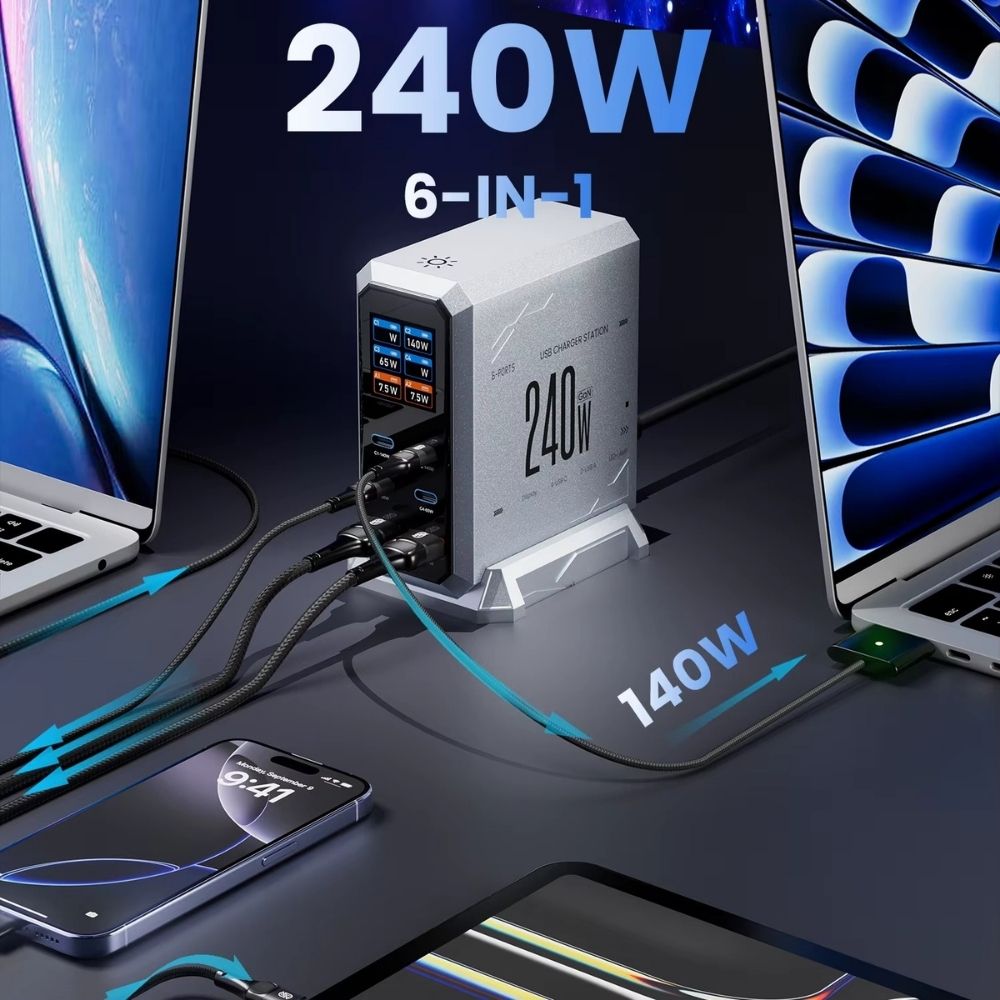 240W GaN Desktop-Ladegerät mit PD3.1 (140W) – 6-Port Schnellladestation mit LED