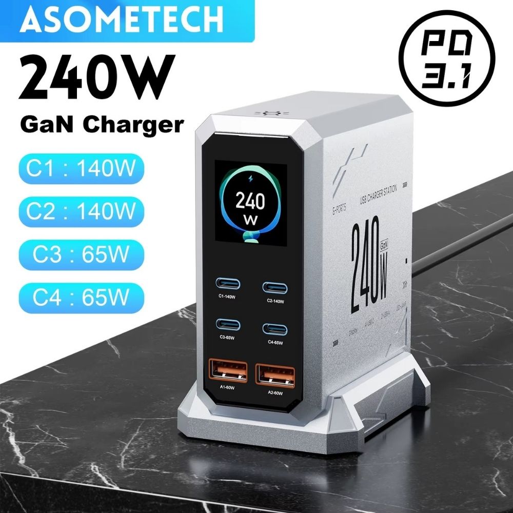 240W GaN Desktop-Ladegerät mit PD3.1 (140W) – 6-Port Schnellladestation mit LED