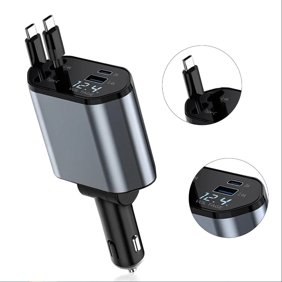 4-in-1 Autoladegerät 120W mit einziehbarem Kabel & 2 USB-Anschlüssen