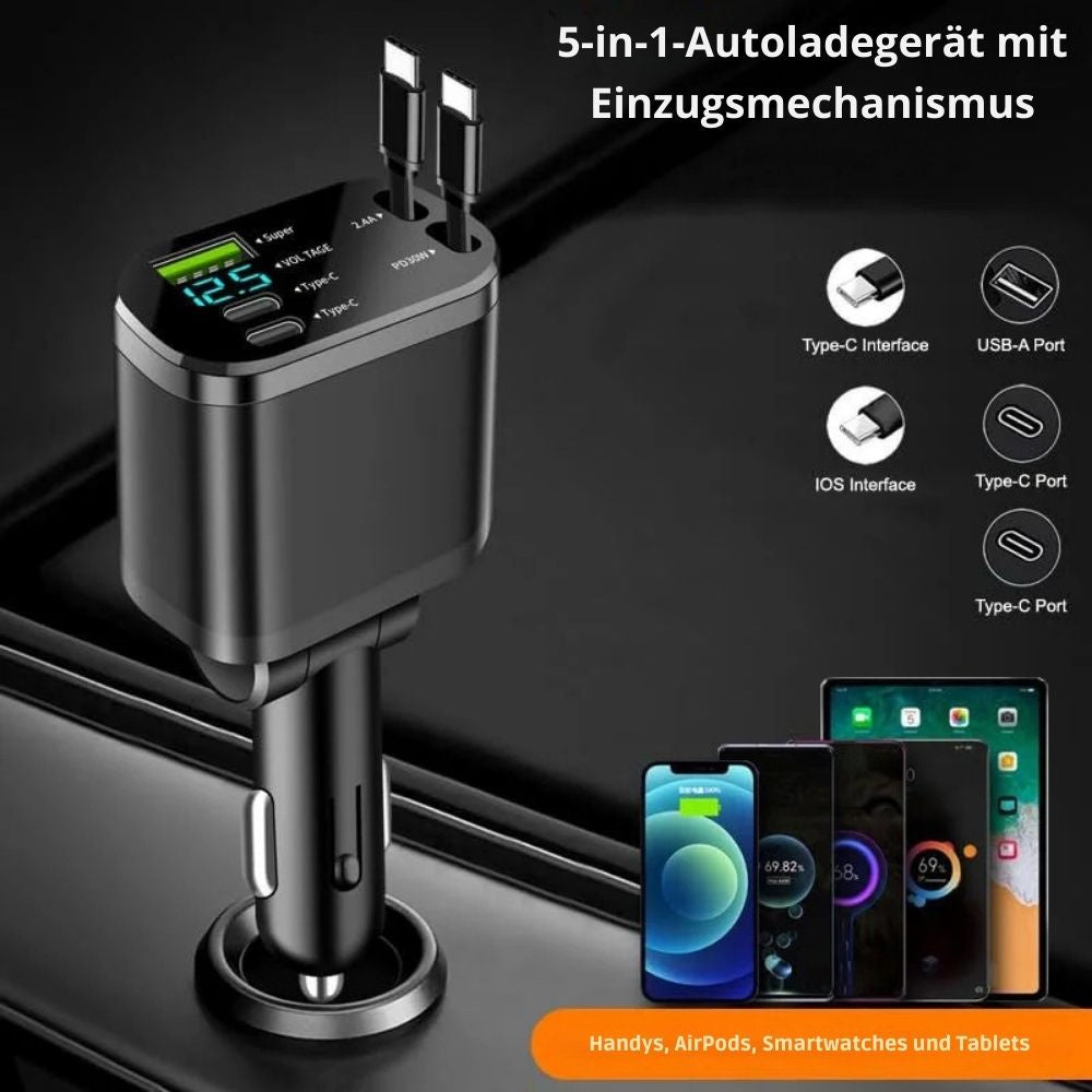 5-in-1 Autoladegerät mit einziehbaren Kabel