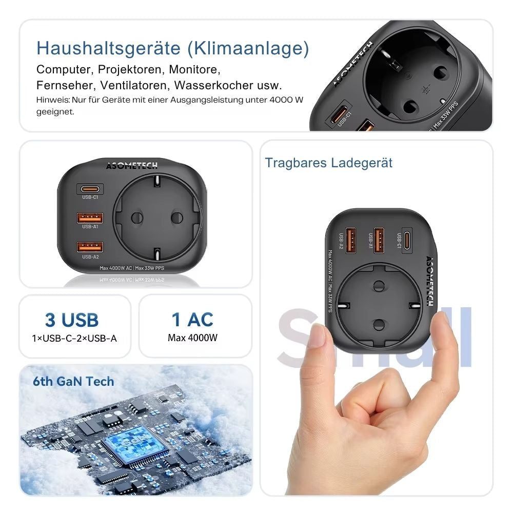 ASOMETECH 33W GaN USB-C Ladegerät mit 4000W AC-Steckdose