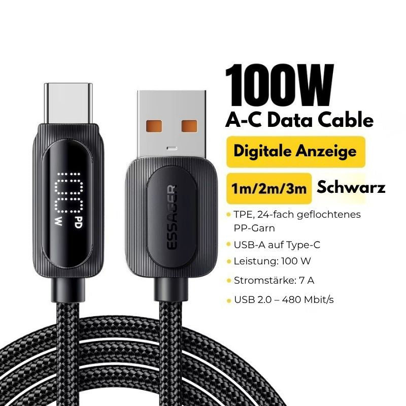 Essager 100W USB-A auf USB-C Schnellladekabel mit LED-Digitalanzeige (6A)
