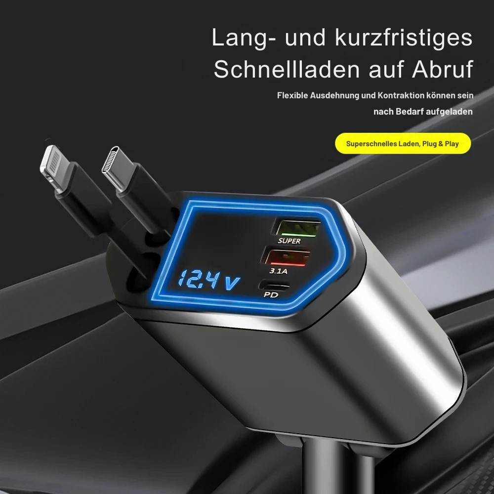 4-in-1 Autoladegerät 120W mit einziehbarem Kabel & 2 USB-Anschlüssen