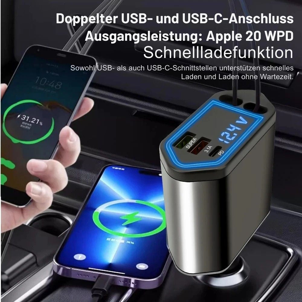 4-in-1 Autoladegerät 120W mit einziehbarem Kabel & 2 USB-Anschlüssen