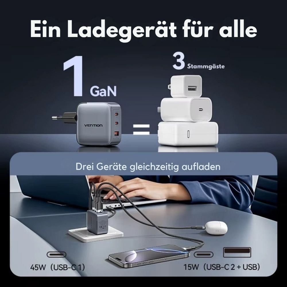 Vention 70W GaN USB-C Schnellladegerät (3-Port)
