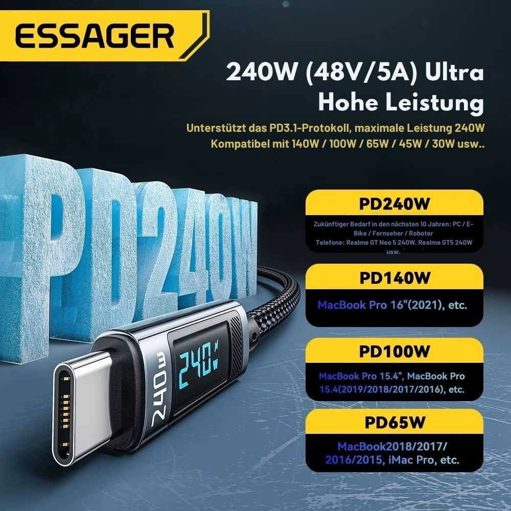 Essager 240W USB-C auf USB-C Kabel PD3.1 mit LED-Anzeige