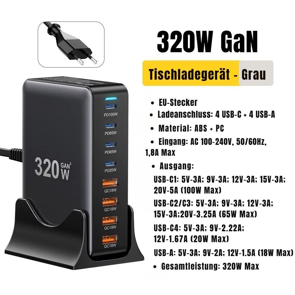 Essager 320W GaN 8-Port USB-C Desktop-Ladegerät