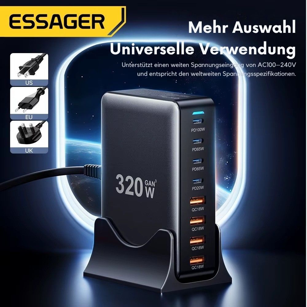 Essager 320W GaN 8-Port USB-C Desktop-Ladegerät