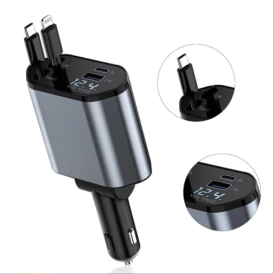 4-in-1 Autoladegerät 120W mit einziehbarem Kabel & 2 USB-Anschlüssen